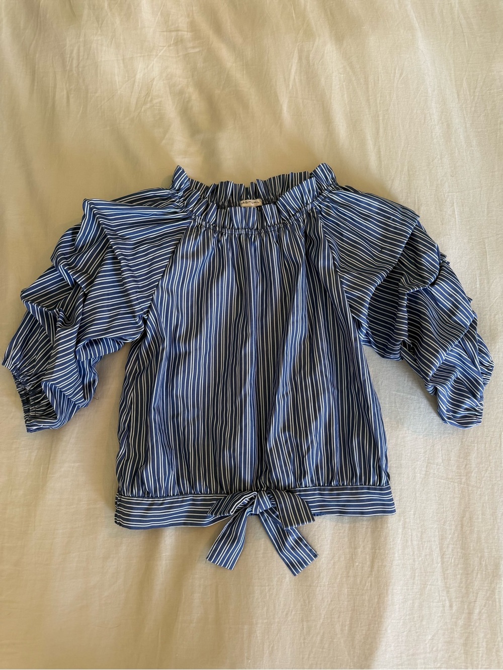 Habitual Girl’s Navy & White Striped Tie-Front Ruffle Sleeve Top